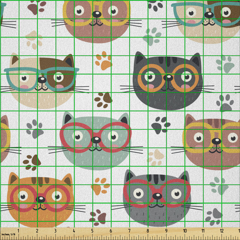 Daimarion Pattern with Playful Kitty Faces Wearing Eyeglasses among Pawprints for Pet Lovers Fabric