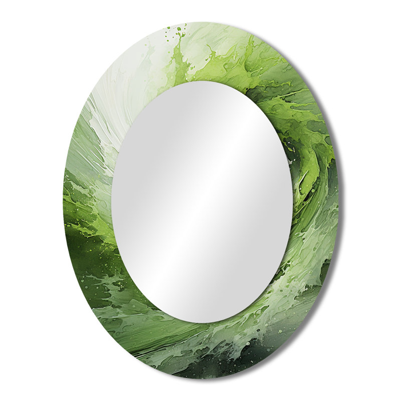 Green And White Whsipering Abstract Spiral III - Large Oval Wall Mirror On Metal, 43" x 33"