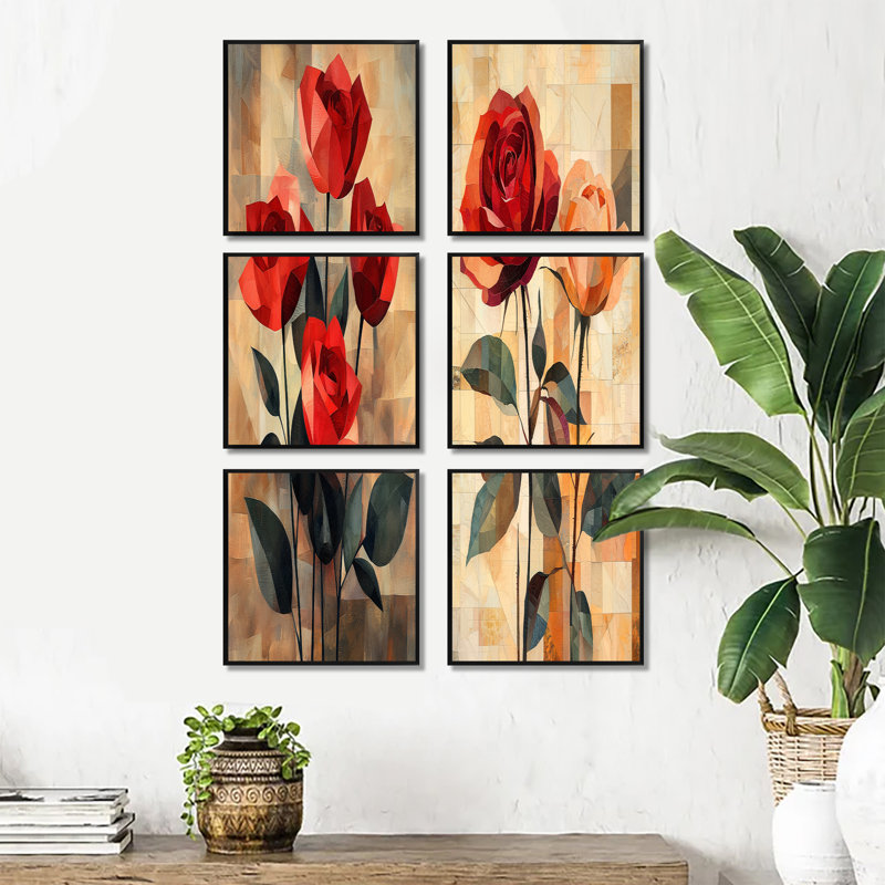 Velours rouge géométrique rose passion - ensemble de 6 reproductions d'art mural floral, Noir