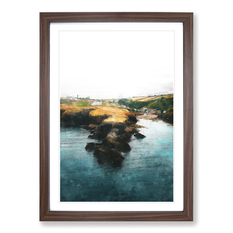 View of Port Isaac in Cornwall - Picture Frame Graphic Art, 65cm H x 48cm W x 2cm D, Walnut
