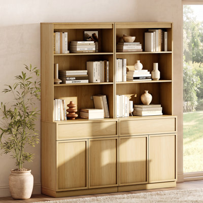 Modern 72" Tall Bookshelf with Doors, Drawers & Adjustable Shelves, Library Bookcase with Storage Cabinet and Open Shelving, Wood Bookcase for Home Office, Living Room