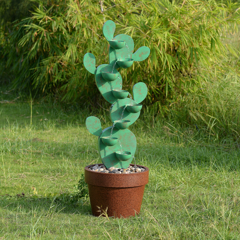 Metal Cactus Fountain with River Stones - Outdoor