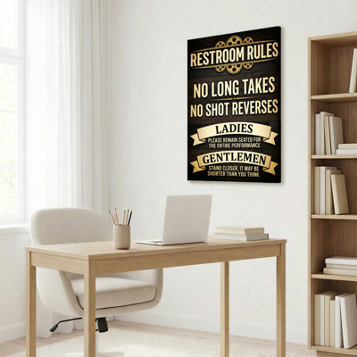 Restroom Rules Humor Canvas Wrapped Wall Art Oil Painting Print With Wooden Frame Design For Bathroom Decor