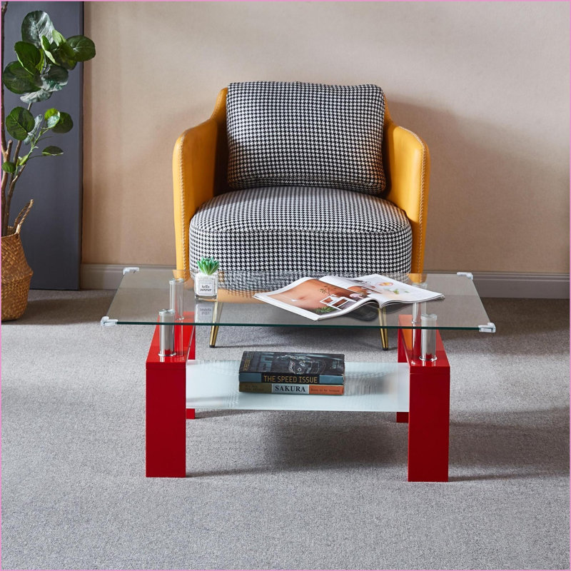 Table basse Artisan rectangulaire en verre trempé - rangement double couche, facile à nettoyer, pour le salon