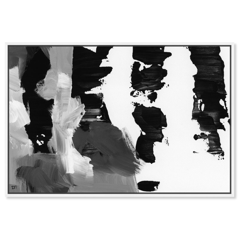 «Pronto Black and White», peinture sur toile, H 16 po x l 24 po, Cadre flottant blanc