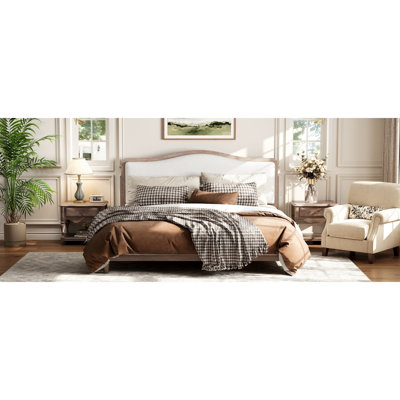 Grand lit plateforme avec tête de lit tapissier, structure grise et tissu blanc