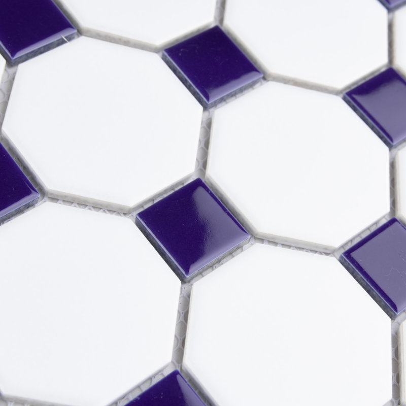 Metropolis Octagon 11-1/2 " x 11-1/2 " Porcelain Mosaic Tile, Matte White/Cobalt
