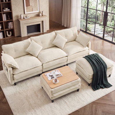 Canapé d'angle modulaire confortable de 274 cm de large, canapé nuage en velours côtelé en forme de U 5 pièces avec poufs, assemblage sans outil