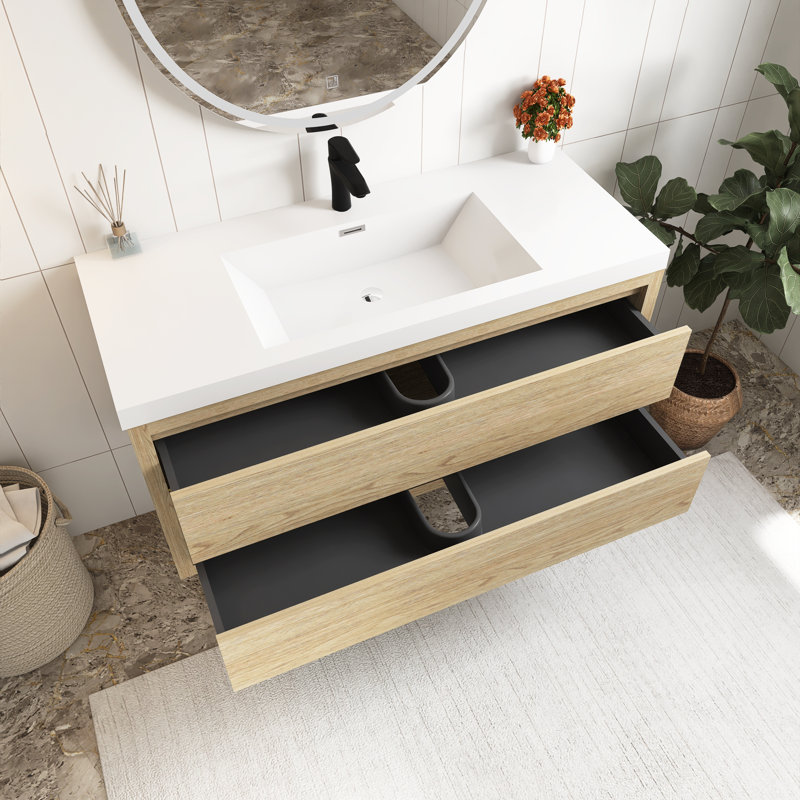 Meuble-lavabo mural 48 po avec lavabo, Bois de chêne naturel