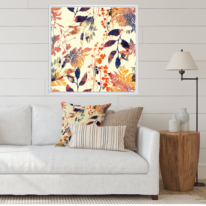 Fleurs et feuilles abstraites en jaune rétro - Impression sur toile, H 30 po x l 30 po x P 1 po, Cadre flottant blanc