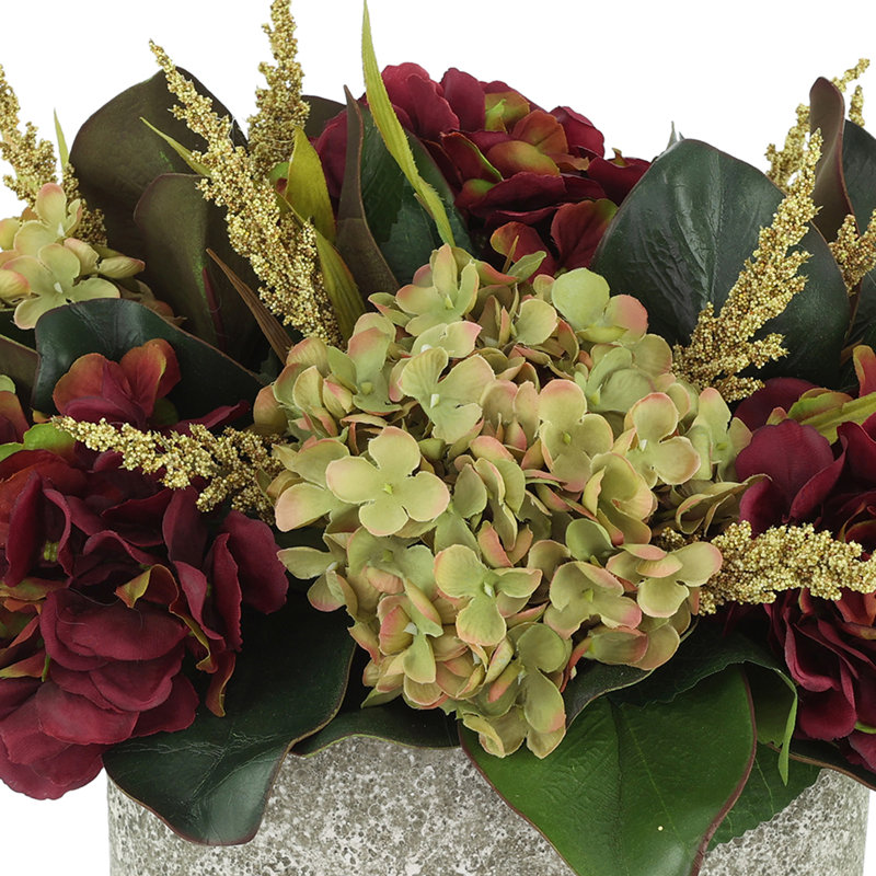 Hydrangea And Foxtail Fall Arrangement In A Ceramic Stone Vase