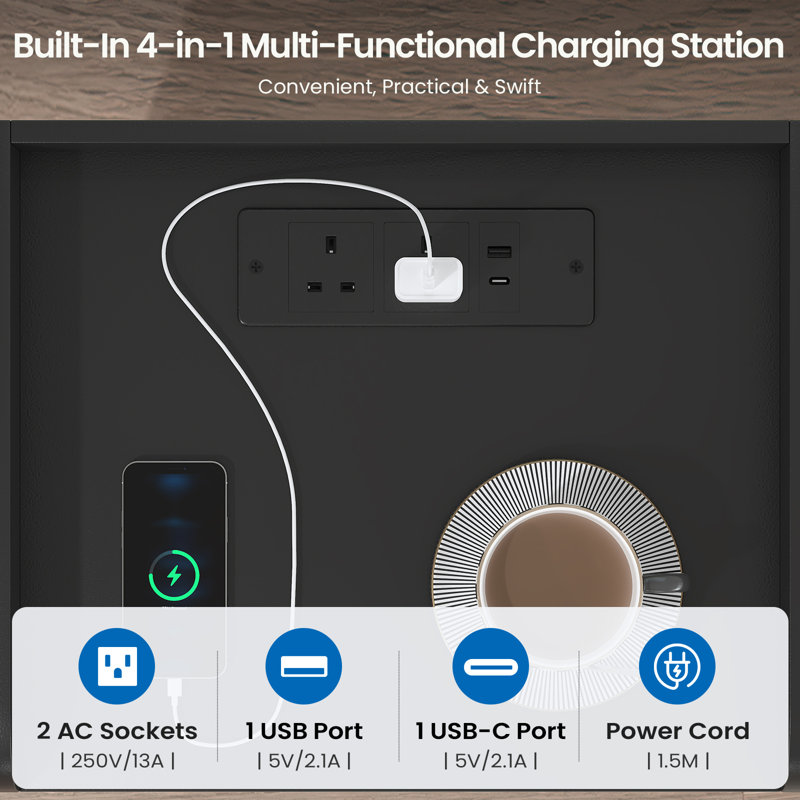 3 Drawer Bedside Table with Charging Station, Bedside Cabinet with Spacious Tabletop, 2 AC Sockets, 1 USB-A & 1 USB-C Port, 35cm W Bedside Table