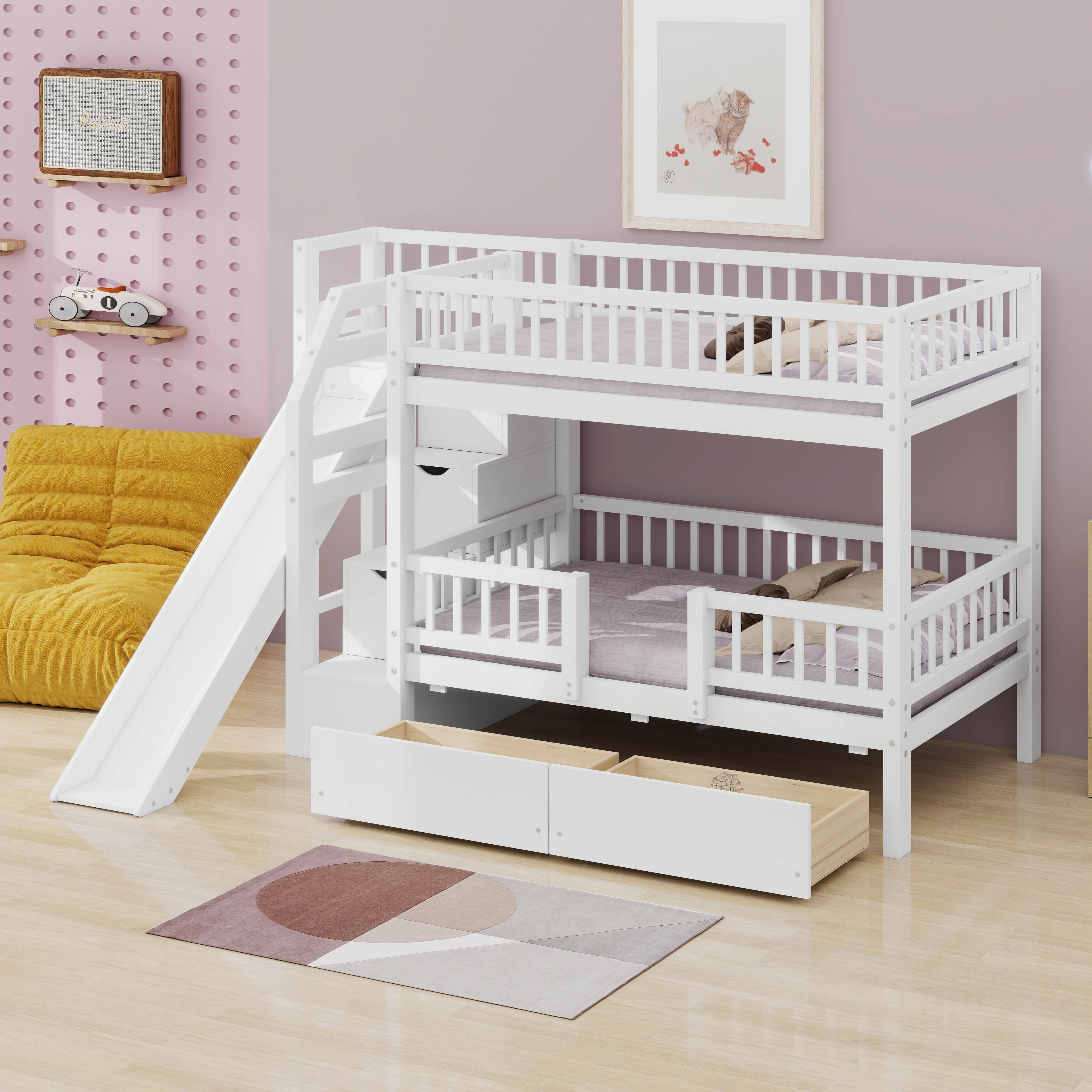 Harriet Bee Bunk Bed With Storage Staircase, Slide,Guardrail And 2 ...
