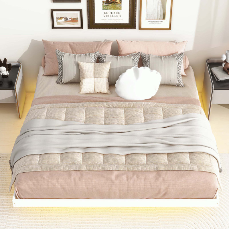 Modern Low Profile Platform Bed With LED Lights, White, Full