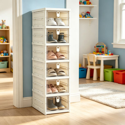 6‑Tier Folding Shoe Storage Cabinet, Clear Front Door Plastic Shoe Organizer, Stackable Shoe Storage Box for Entryway, Closet