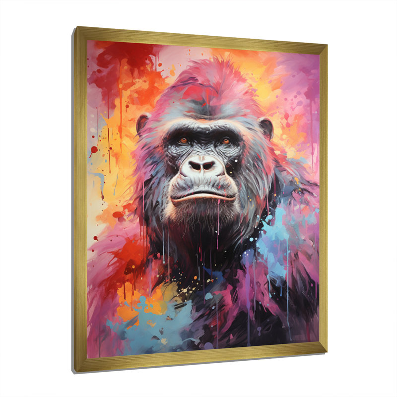Rose et noir Popart Gorilla - imprimé, Cadre doré à une seule photo, H 32 po x l 24 po x P 1 po