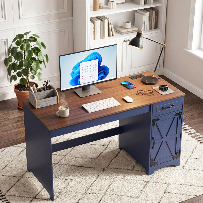 Bureau double caisson 43,31 po avec tiroir de rangement, cabine et prise de courant pour bureau à domicile, salon