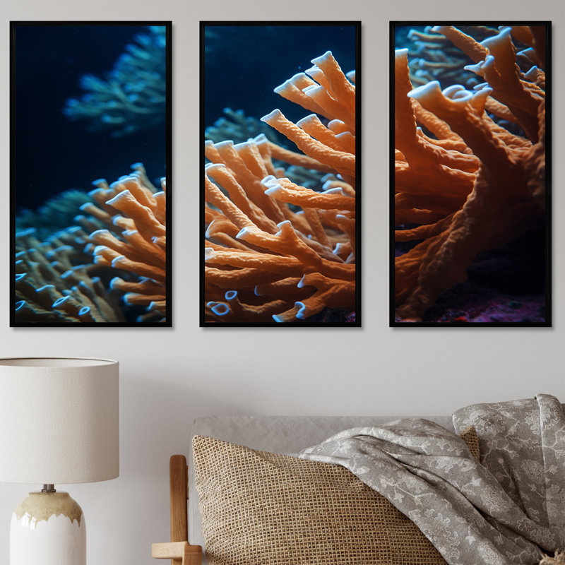 Ensemble de décoration murale orange corail sous l'eau - corail sous l'eau, Cadre flottant noir, H 40 po x l 60 po x P 1 po