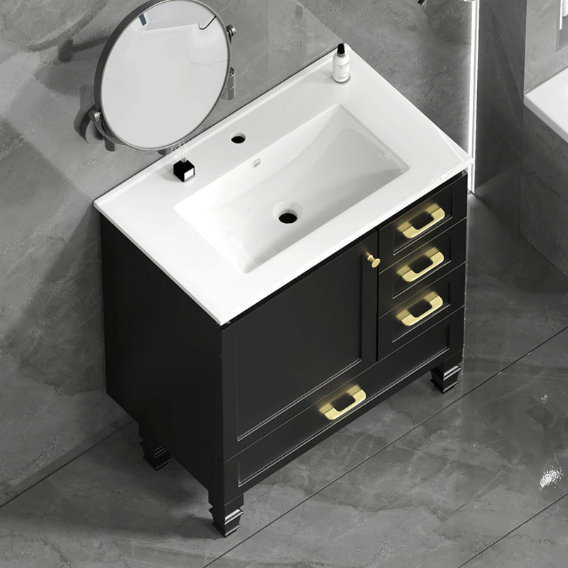 Meuble-lavabo noir 30 po. Armoire de rangement abondante - 1 porte à fermeture douce et 3 tiroirs, Noir