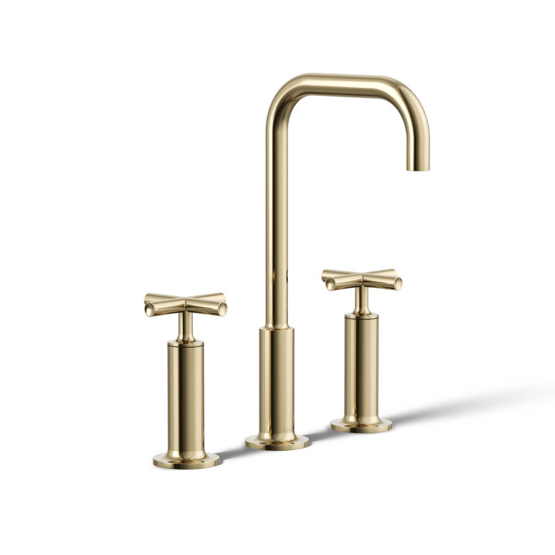 Purist Widespread Bathroom Sink Faucet with High Cross Handles and High Gooseneck Spout, Light Gold