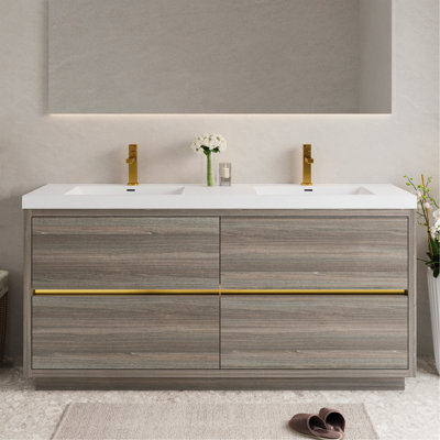 Meuble-lavabo autoportant 72 po avec lavabo, meuble-lavabo avec comptoir en résine de pierre et tiroirs à fermeture en douceur 72 po