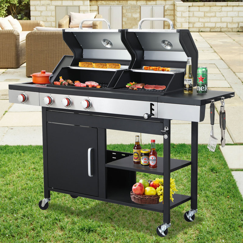 Barbecue au propane à 3 brûleurs avec barbecue au charbon latéral