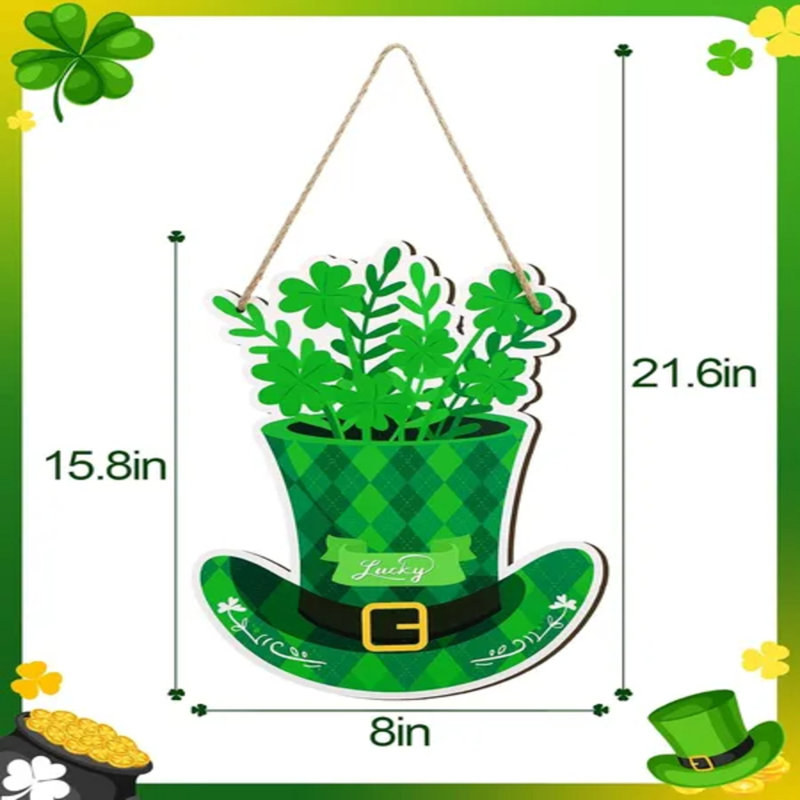 St. Patrick's Day Leprechaun Hat Wooden Door Sign – 8×21.6 Inch Green Clover Wreath Decor For Front Door & Wall