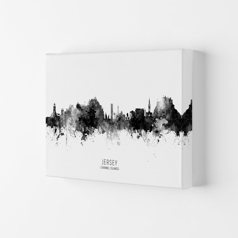Jersey Channel Islands Skyline Black White City Name by Michael Tompsett - Print, 42cm H x 59.4cm W x 4cm D, Wrapped Canvas