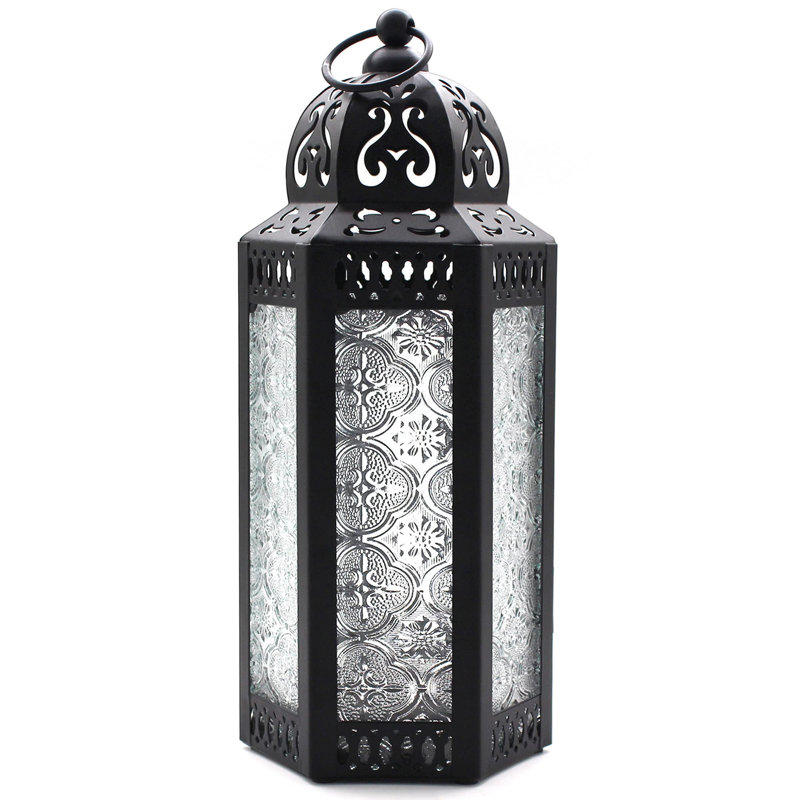 Bougie décorative lanterne marocaine rétro lanterne marocaine en métal noir pour décoration de patio extérieur. Verre transparent, moyen