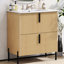 Meuble-lavabo de 76 cm (30 po), lavabo en céramique, tiroirs extensibles, coulisses encastrées à fermeture amortie, design cannelé, aspect naturel, décor moyen, agencement unique des tiroirs de rangement.