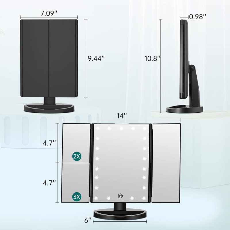 Modern Rectangle Tri-Fold LED Lighted Vanity Magnifying Makeup Mirror, Black, Black