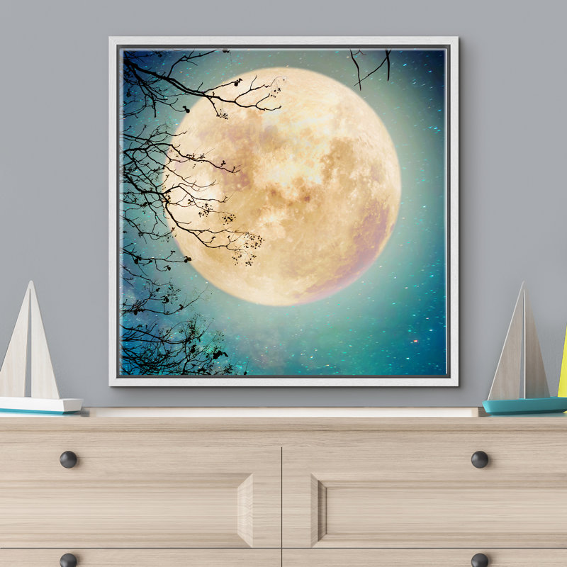 " Tree Tree Branches Frame The Yellow Full Moon ", White, 16" H x 16" W x 1.5" D
