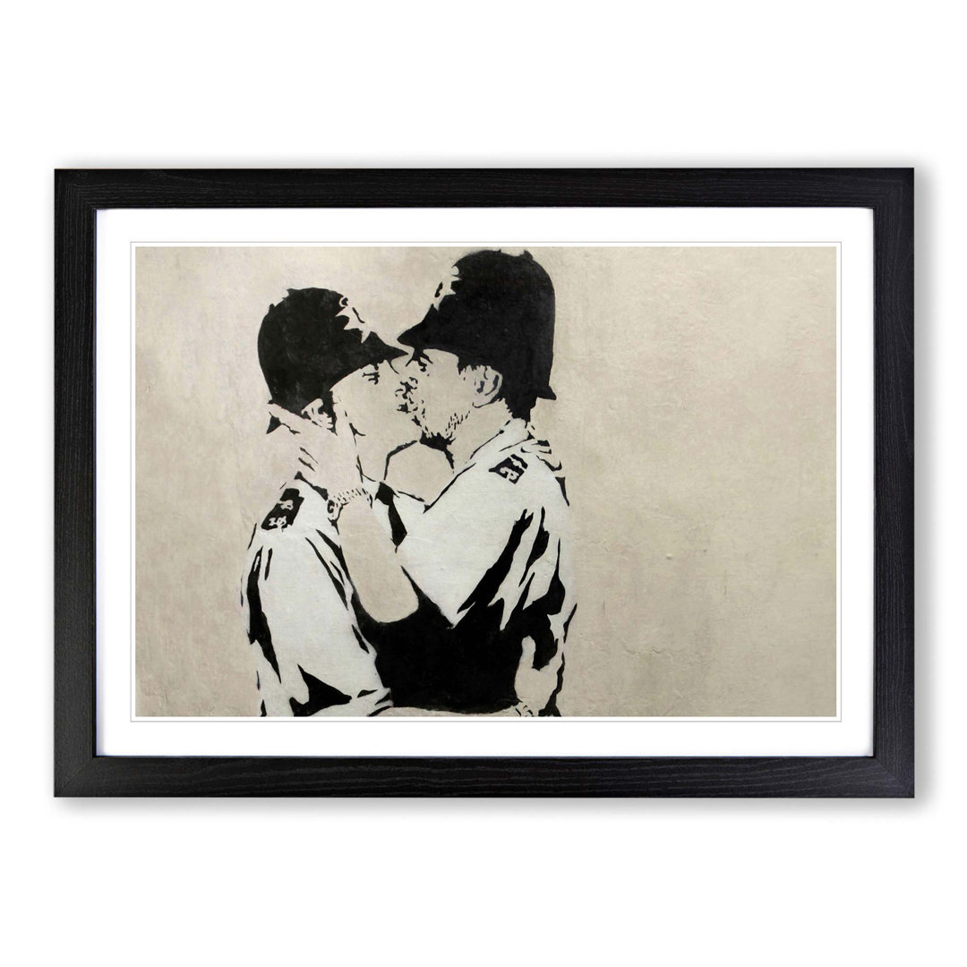 'Kissing Police Policeman Graffiti' by Banksy Framed Painting Print