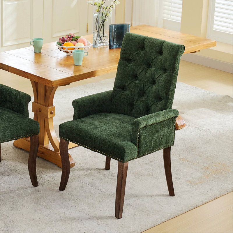Chaise d'appoint à structure en bois, chaise d'appoint rembourrée avec pieds incurvés en bois massif, Vert olive, Vert olive
