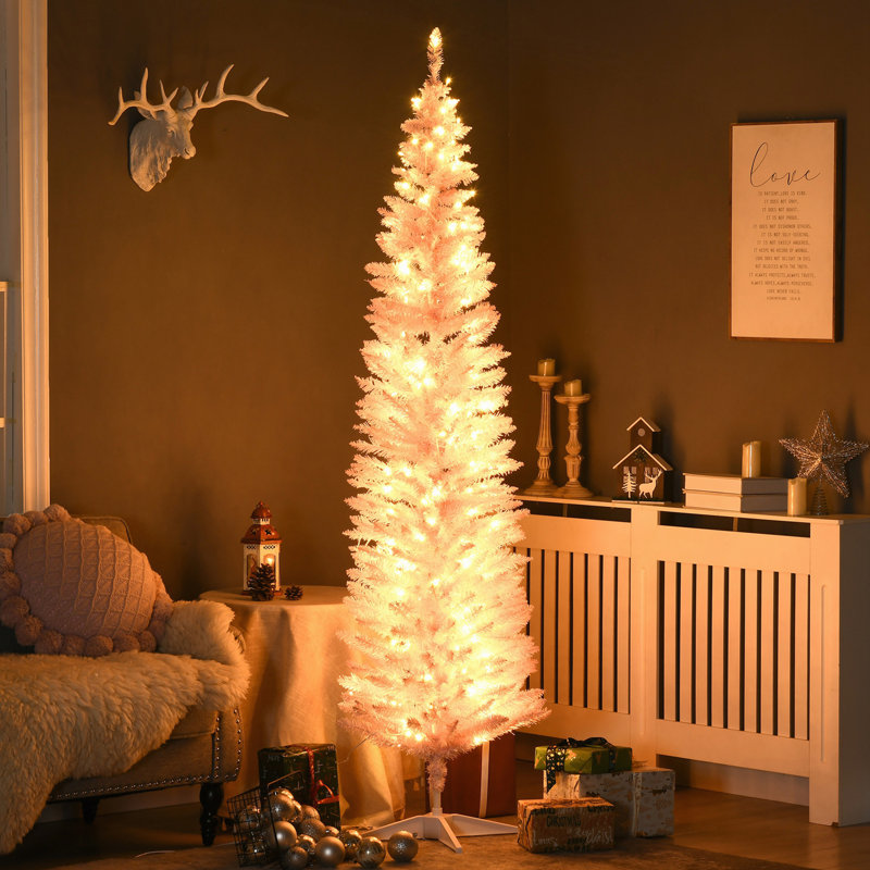 Sapin de Noël artificiel mince de 7 pi avec 200 lumières DEL blanc chaud et 499 pointes, parfait pour les petits espaces et une installation facile