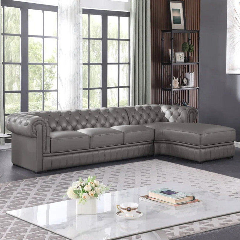 Canapé modulaire classique Chesterfield, Cuir véritable gris, Accoudoir à droite (vu de face)
