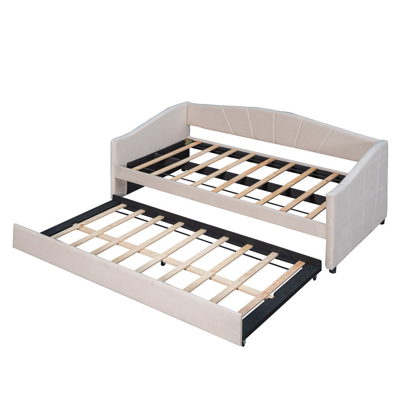 Upholstered Daybed Sofa Bed  With Trundle Bed And Wood Slat, Beige