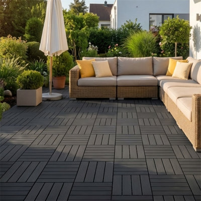 44-Piece All-Weather Dark Grey Interlocking Floor Tiles, 12"x12" Tool-Free Self-Locking, Hollow Drainage & Ventilation, Anti-Slip Textured, Heavy-Duty PP