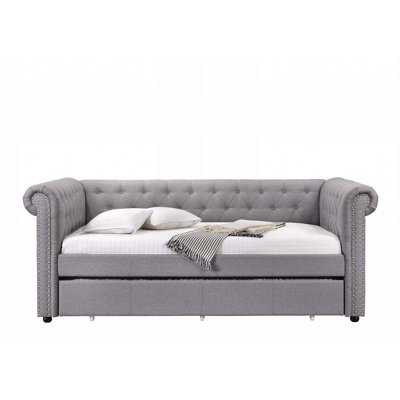 Justice Smoke Gray Fabric Daybed with Trundle, Hattie Size, Chesterfield Style, No Storage, Fully Padded for Comfort and Style