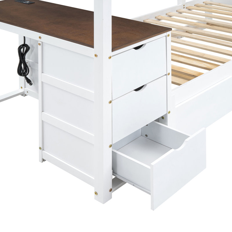 Lit superposé avec lit gigogne, rangement et bureau, Blanc/noyer, Simple sur simple
