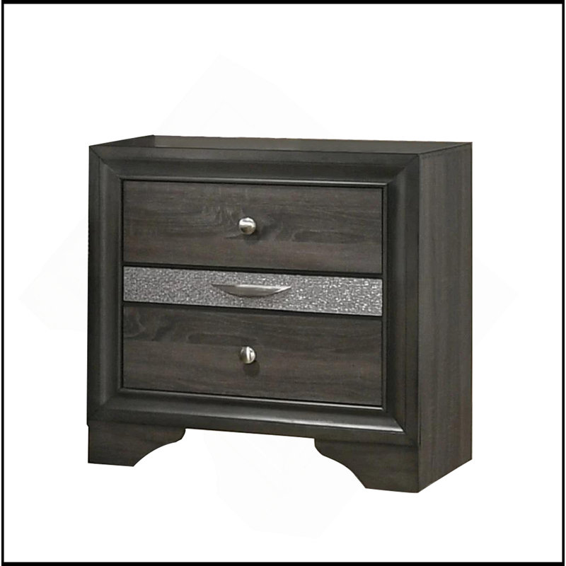 Table de chevet 3 tiroirs en bois avec boutons ronds en nickel, Gris