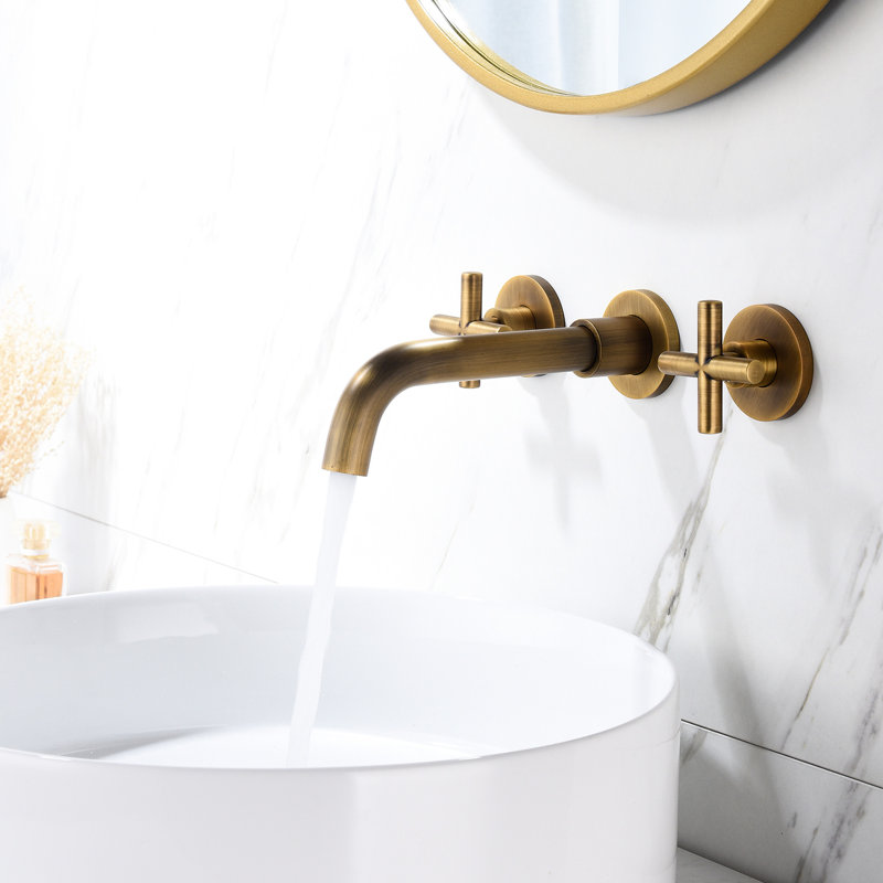 Wall Mounted Bathroom Sink Faucet, Matte Black With Pop-Up Drain  No Overflow . Two Cross Handles For Optimal Water Flow And Temperature Adjustment. Splash Aerator A Stable Supply. Brass Stainless