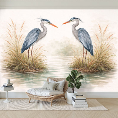 Peel and Stick Wallpaper 144" W x 100" H Modern Self Adhesive Wall Mural for Bedroom Herons Pair Watercolor Soft Blue Gray Tones Marsh Reeds