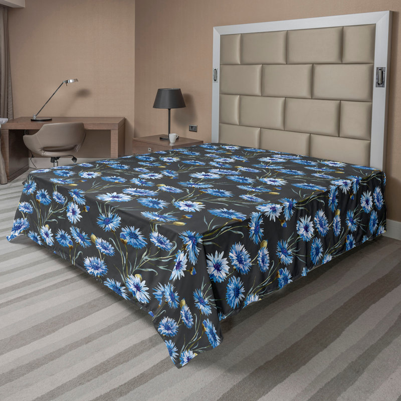 Ambesonne Retro Flat Sheet Watercolor Cornflowers Plot Dark Violet Blue and Grey