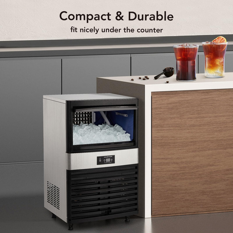 Machine à glaçons sous le comptoir 160lbs / 24H. Unité autoportante en acier inoxydable avec rangement de 40 lb et cubes de style 5 po x 12 po