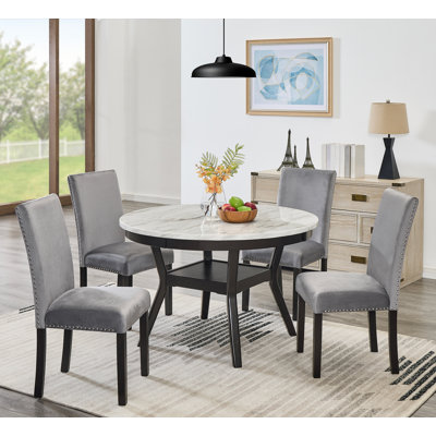 5-Piece Mella Dining Set - Round Faux Marble Table with 4 Blue Velvet Parsons Chairs, Dark -  Corrigan Studio®, 78E800B978C54BBC932B16C02BA97C97