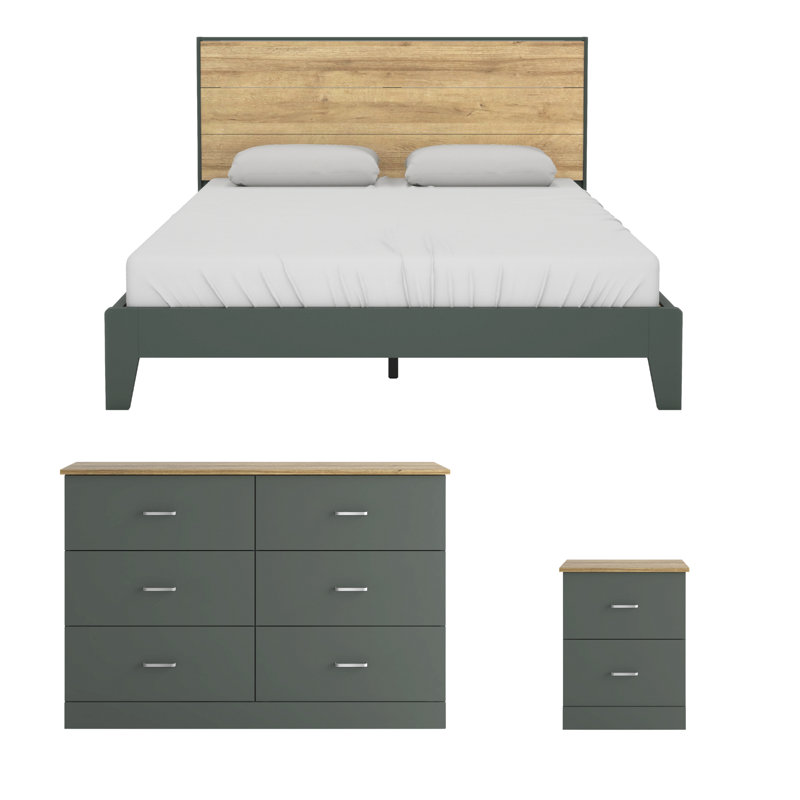 Ensemble de chambre à coucher moderne 3 pièces Allyannah, Grand, Reviera Eichi / vert chou frisé