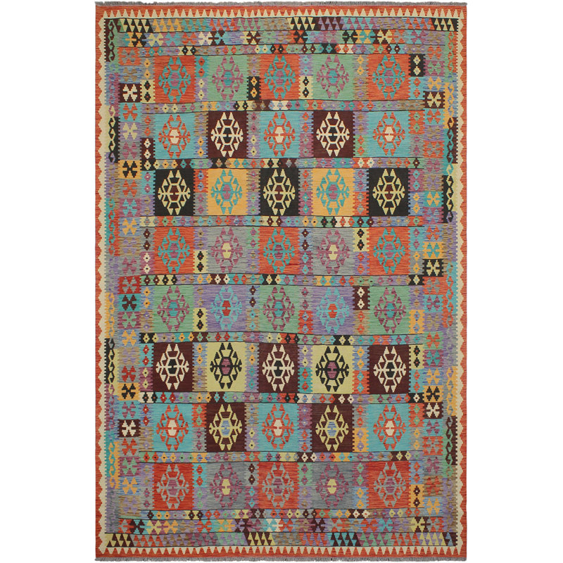 Tapis géométrique bleu / rouille / mauve en laine noué à la main à motif géométrique 8 pi 5 po x 11 pi 5 po Cedorah