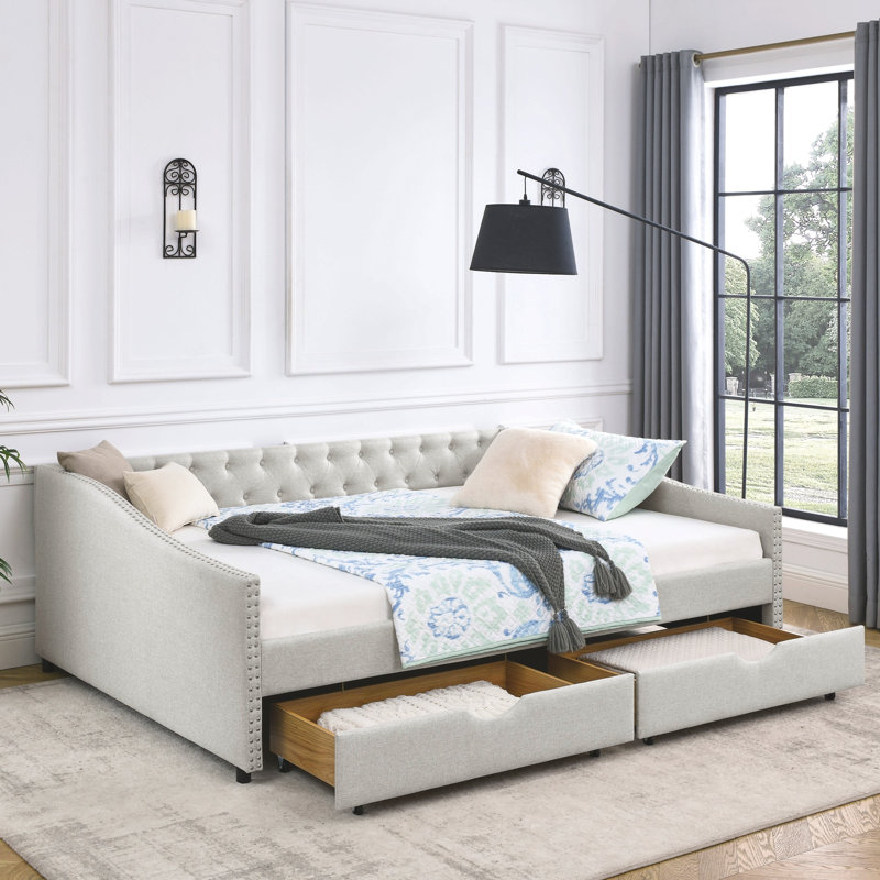 Lit de jour avec tiroirs, canapé-lit capitonné, avec bouton sur le dos et clou en cuivre sur les accoudoirs ondulés, Beige