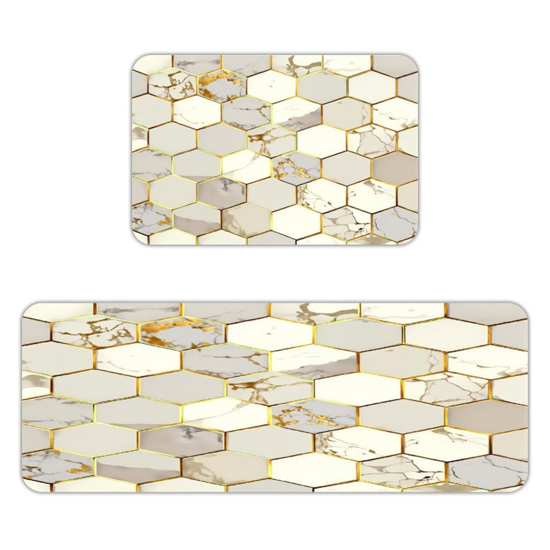 Tapis de cuisine antidérapant à motif hexagonal en marbre, 2 pièces